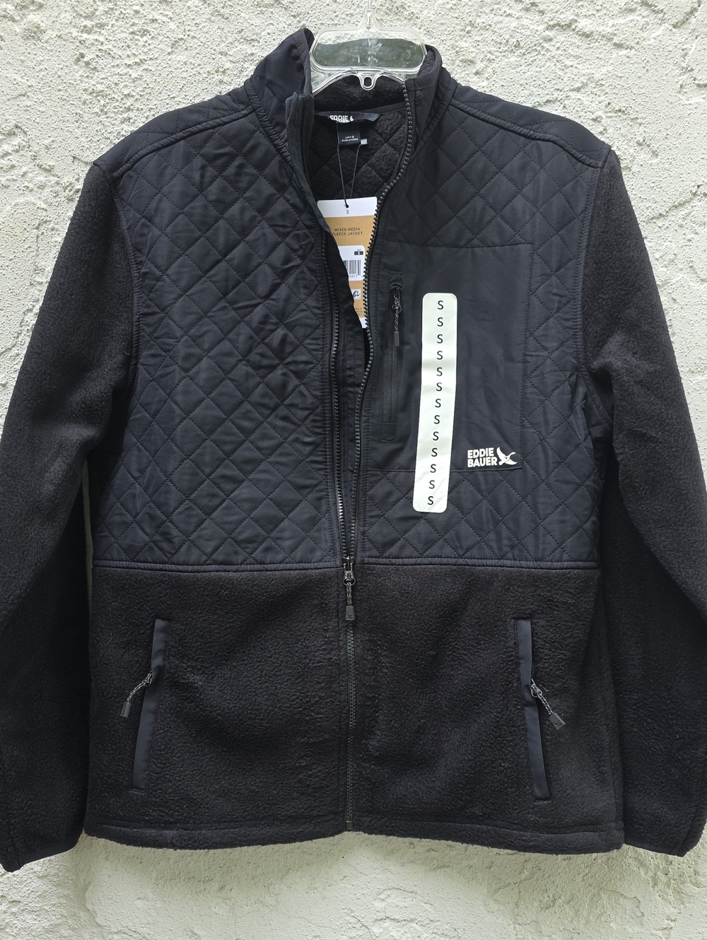 NWT Eddie Bauer Black Quilted Mixed Media Fleece Zip Up Jacket Size Small